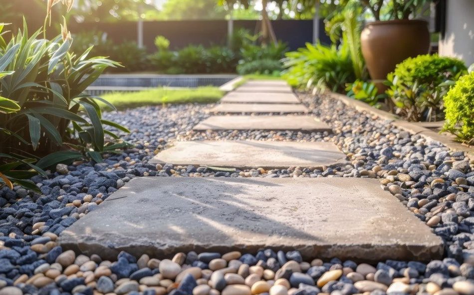 A stone walkway with a few plants in the background