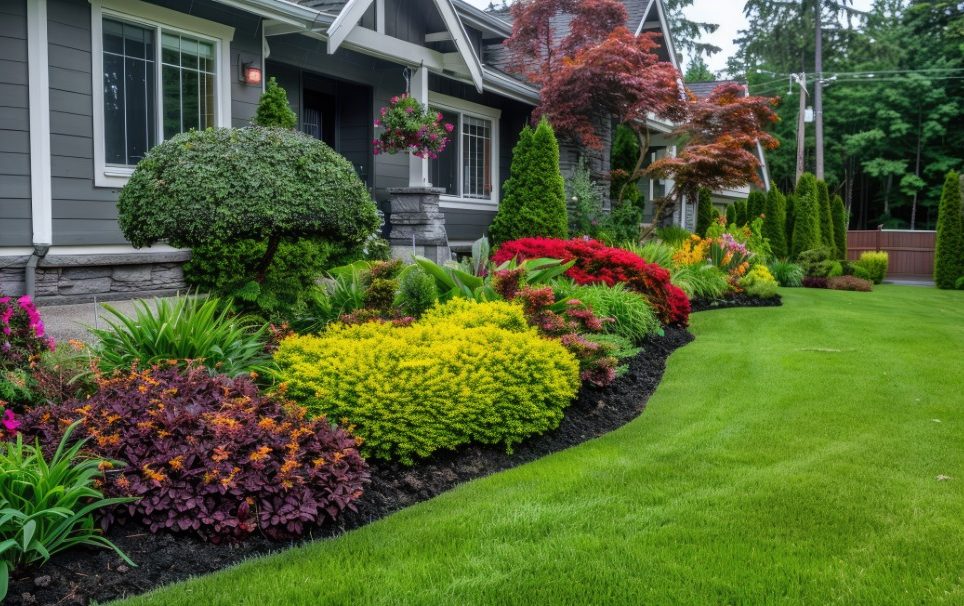 Front yard, landscape design with multicolored shrubs intersecting with bright green lawns behind the house