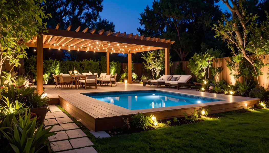 Elegant outdoor patio with pool at night