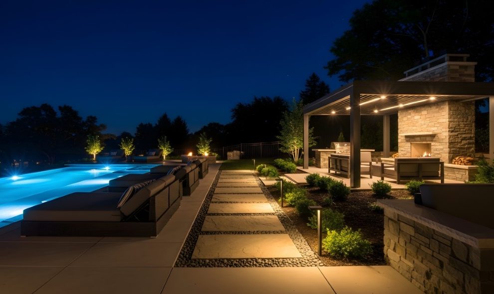 Luxury Backyard Pool Area with Illuminated Outdoor Kitchen.